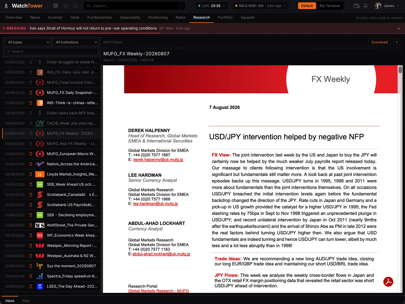 The WatchTower research inbox showing extracted bank calls, with each desk thesis, direction, conviction and price target aggregated into a consensus read across institutions