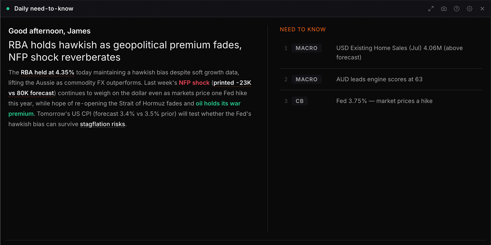 The Daily need-to-know widget in WatchTower Terminal