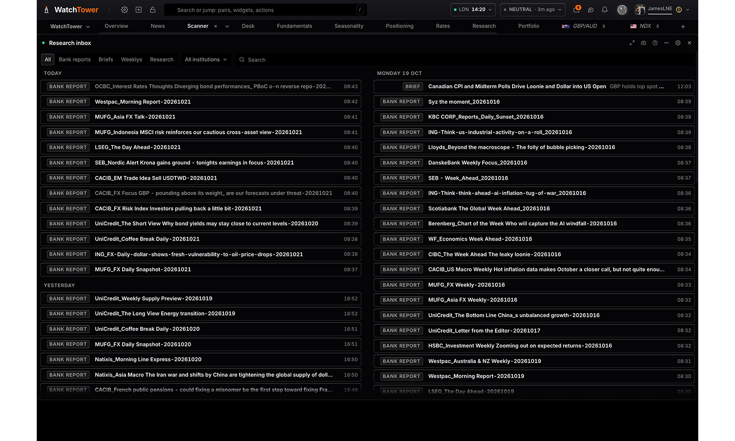 The Research inbox panel in WatchTower Terminal