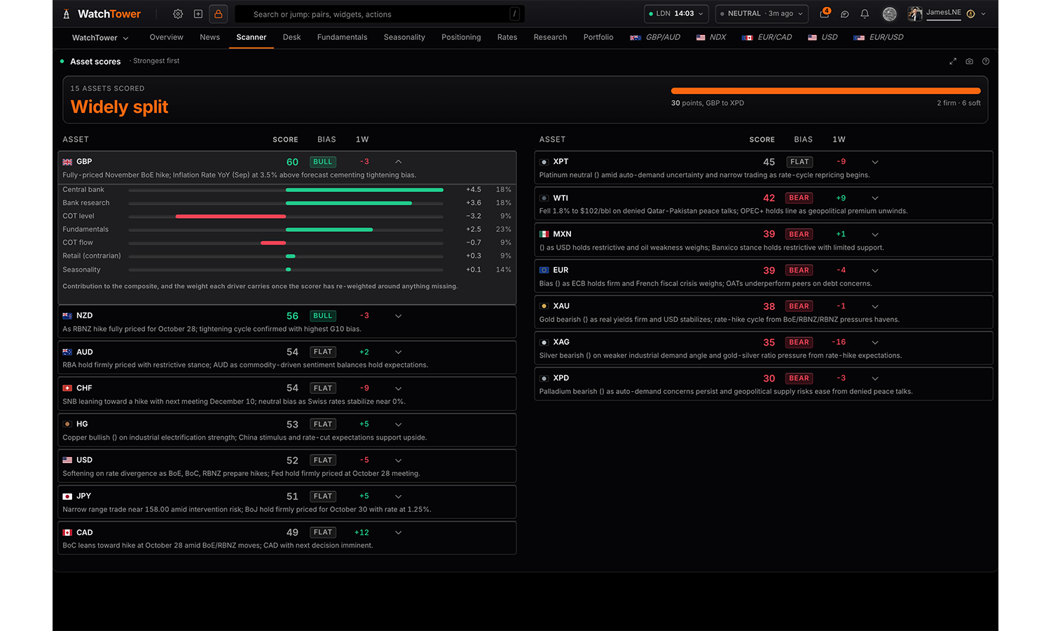 The Asset scores panel in WatchTower Terminal