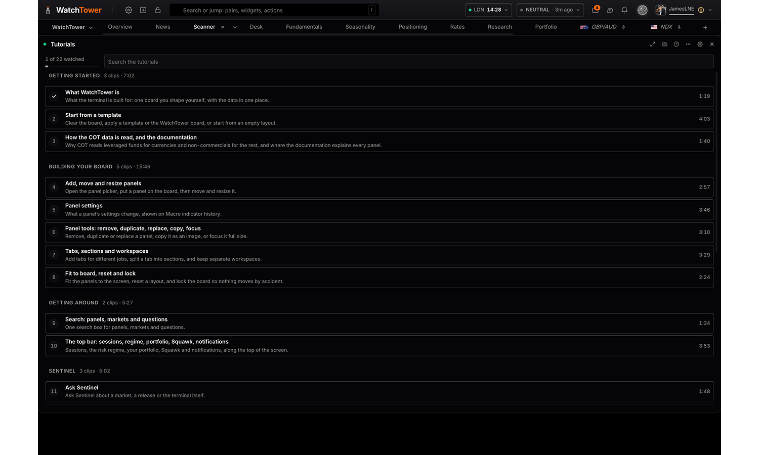 The Tutorials panel in WatchTower Terminal
